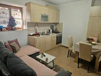 a living room with a couch and a table and a kitchen at Apartman Vila Mir in Vrnjačka Banja