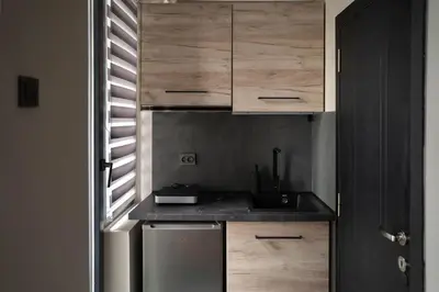 a small kitchen with wooden cabinets and a sink at Millenium Apartments City Center in Niš