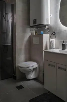 a bathroom with a toilet and a sink and a shower at Millenium Apartments City Center in Niš