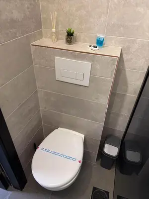 a bathroom with a toilet with a shelf above it at Millenium Apartments City Center in Niš