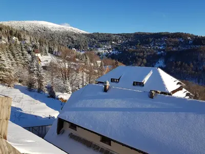 a snow covered roof of a house with a mountain at Ski & Relax Apartment in Kopaonik