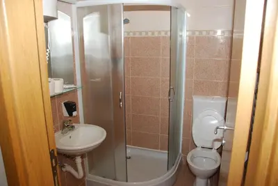 a bathroom with a shower and a toilet and a sink at Ski & Relax Apartment in Kopaonik