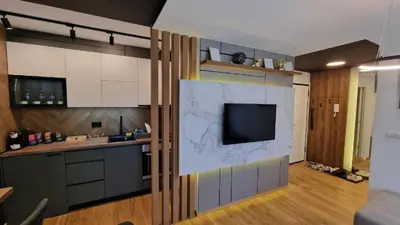 a kitchen with a wall with a tv in it at DeLux apartman Eleni rooms in Vrnjačka Banja
