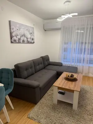 a living room with a couch and a coffee table at Apartment Sunny in Niš