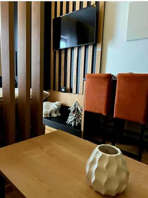 a table with a vase on top of a table with a television at N-LUX 66 MILMARI kopaonik in Kopaonik