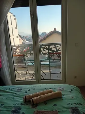 a bedroom with a bed and a window with a view at Apartman Rajska Vila in Vrnjačka Banja