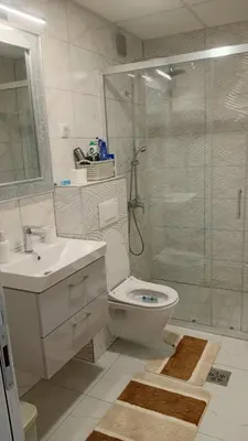 a bathroom with a shower and a toilet and a sink at Apartman Rajska Vila in Vrnjačka Banja