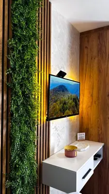 a room with a white table and a green wall at Apartman STARS in Kopaonik