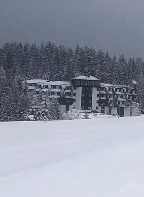 a building in the snow in front of trees at Apartman Nikolic 418 in Kopaonik