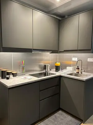 a kitchen with gray cabinets and a sink at Apartman Nikolic 418 in Kopaonik