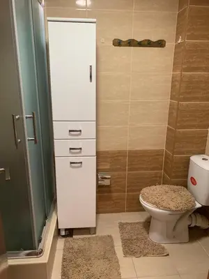 a small bathroom with a toilet and a shower at City Comfort Apartment in Vranje