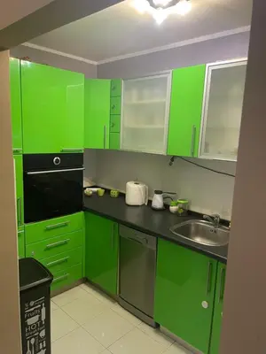 a green kitchen with green cabinets and a sink at Panorama Bulevar in Niš