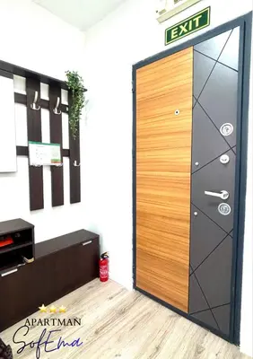 a large wooden door in a room next to a wall at Sofema in Pirot