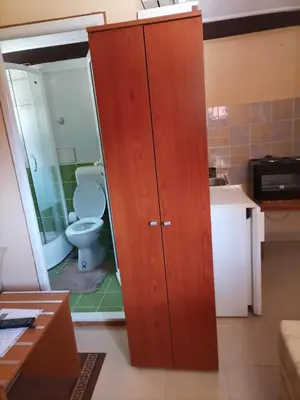 a bathroom with a toilet and a wooden cabinet at Panorama Borsko jezero in Beljevina