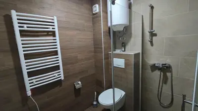 a bathroom with a toilet and a glass shower at Blistava Dolina S42 in Kopaonik