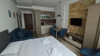 a hotel room with a bed and a small kitchen at Blistava Dolina S42 in Kopaonik