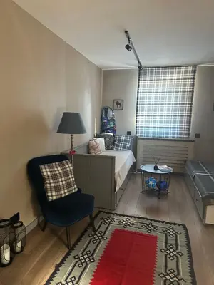 a bedroom with a bed and a chair and a rug at Apartman Stemaks, Kopaonik in Kopaonik