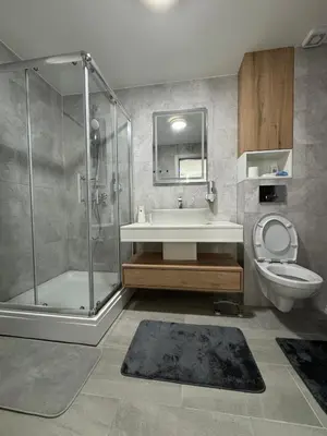 a bathroom with a shower and a sink and a toilet at Apartman La Campanella 2 in Vrnjačka Banja