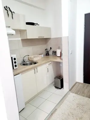 a small kitchen with white cabinets and a sink at Apartman Akva Park in Trnava