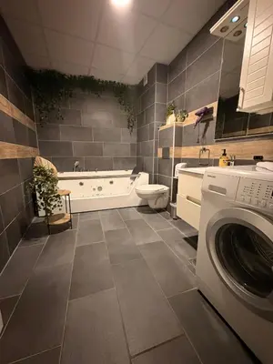 a bathroom with a washing machine and a bath tub at NAR Royalton Deluxe Apartment #74 Free Parking in Niš