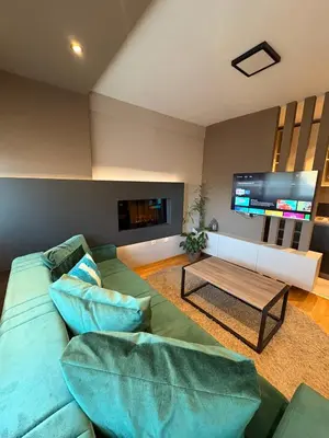 a living room with a green couch and a tv at NAR Royalton Deluxe Apartment #74 Free Parking in Niš