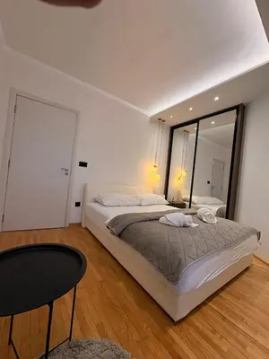 a bedroom with a large bed and a mirror at NAR Royalton Apartment #25 Free Parking in Niš