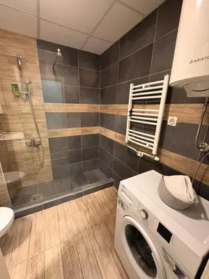 a washing machine in a bathroom with a shower at NAR Royalton Apartment #76 Free Parking in Niš