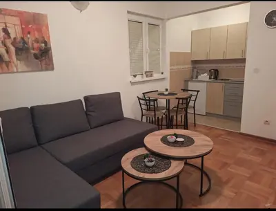 a living room with a couch and tables and a kitchen at Apartman Štekić in Vrnjačka Banja