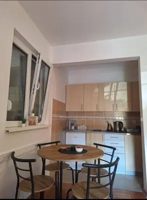 a small kitchen with a wooden table and chairs at Apartman Štekić in Vrnjačka Banja