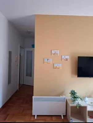 a living room with a flat screen tv on a wall at Apartman Štekić in Vrnjačka Banja