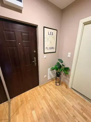a hallway with a brown door and a potted plant at NAR Royalton Apartment #01 Free Parking in Niš