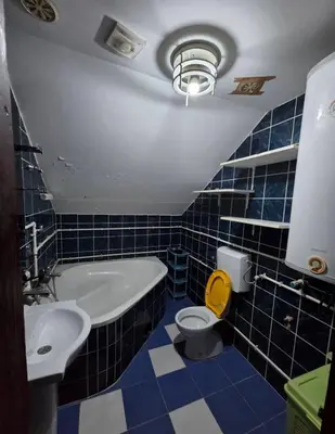 a blue and white bathroom with a tub and a toilet at Kuća Petrovic in Niška Banja