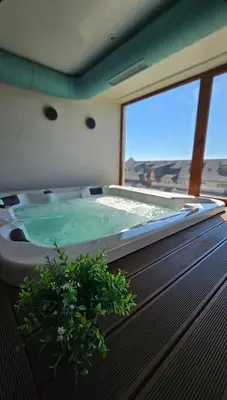 a bathroom with a hot tub with a plant in it at DZAT apartman, Harmonija Hotel in Kopaonik