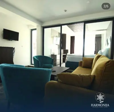a living room with a couch and chairs and a bed at DZAT apartman, Harmonija Hotel in Kopaonik