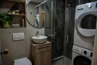 a bathroom with a sink and a washing machine at Apartman P Lux 1 Ćuprija in Ćuprija