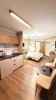 a kitchen and living room with a bed and a table at Konačište u carstvu in Vrnjci
