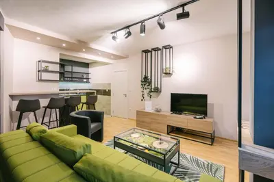 a living room with a green couch and a television at NAR Royalton Apartment #60 Free Parking in Niš