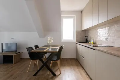 a kitchen with a table and chairs and a television at Apartman Black Star Kop in Kopaonik
