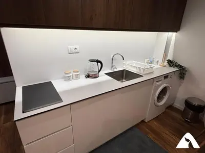 a kitchen with a sink and a washing machine at Apartman Anči in Kopaonik