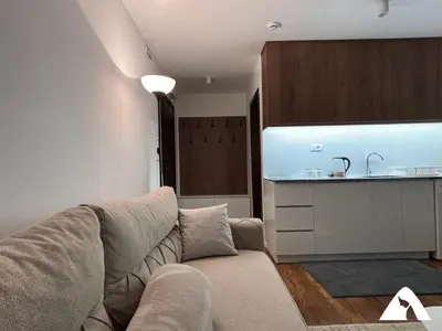 a living room with a couch and a kitchen at Apartman Anči in Kopaonik