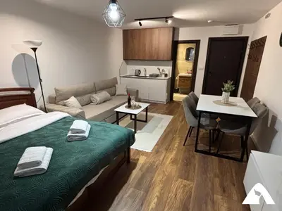 a small room with a bed and a living room at Apartman Oliver in Kopaonik