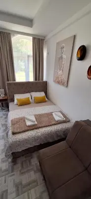 a bedroom with a large bed and a couch at Soko Bajka 2 in Soko Banja