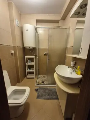 a bathroom with a shower and a toilet and a sink at City Notes apartment in Niš