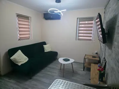 a living room with a green couch and a tv at Black House Spa