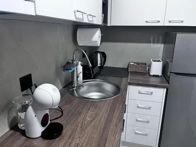 a small kitchen with a sink and a counter at Cute Comfort Apartments in Niš