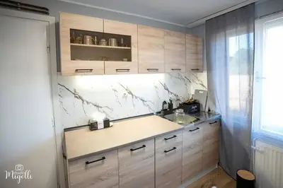 a kitchen with wooden cabinets and a counter top at Vila Belgijska pruga in Zaječar