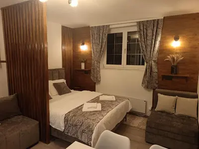 a hotel room with a bed and a chair at Omorika Brzeće in Brzeće
