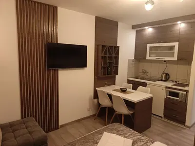 a small kitchen with a table and chairs in a room at Omorika Brzeće in Brzeće