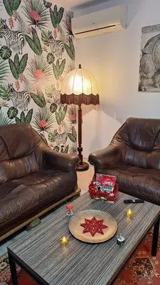 a living room with two leather couches and a table at Play Apartments in Paraćin