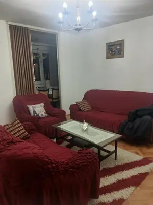 a living room with two couches and a coffee table at Stan in Niš